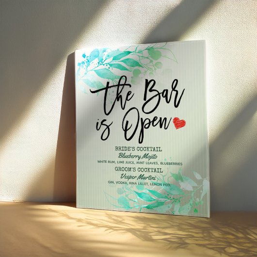 Poster Menu de Boissons de Mariage Feuilles Vertes Le Bar