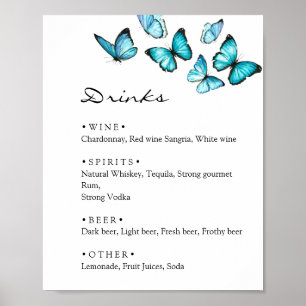 Poster Menu de boissons de mariage papillons bleus élégan
