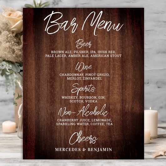 Poster Menu de boissons de mariage rustique personnalisé 