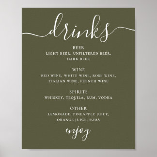 Poster Menu de boissons de mariage vert olive assourdi |