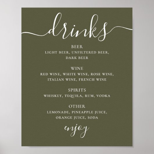 Poster Menu de boissons de mariage vert olive assourdi | (Devant)