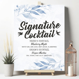 Poster Menu de boissons de signature de mariage aux feuil
