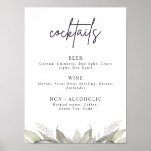 Poster Menu de boissons floral violet et vert aéré, Fête
