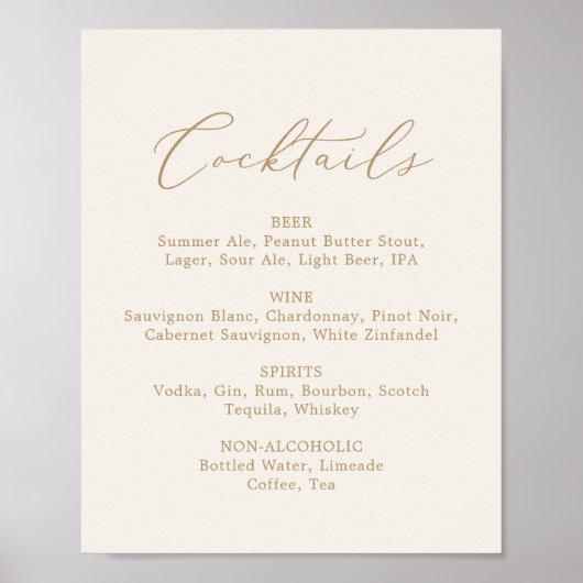 Poster Menu de cocktails crème à calligraphie dorée délic (Devant)