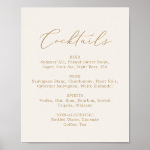 Poster Menu de cocktails crème calligraphie or délicat