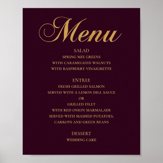 Poster Menu de dîner de mariage or. Simple élégant Bourgo (Devant)