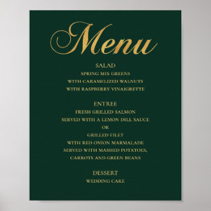 Poster Menu de dîner de mariage or. Vert élégant simple