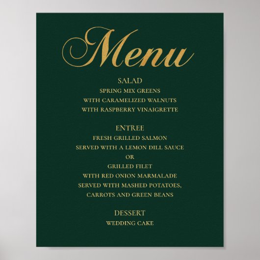 Poster Menu de dîner de mariage or. Vert élégant simple (Devant)