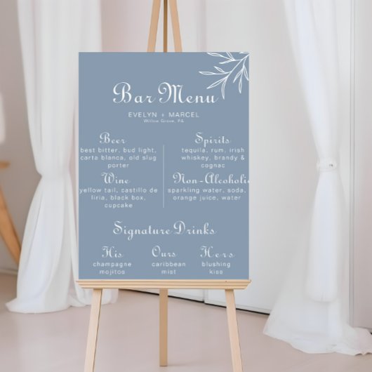 Poster Menu de la barre de Mariage bleue Dusty minimal