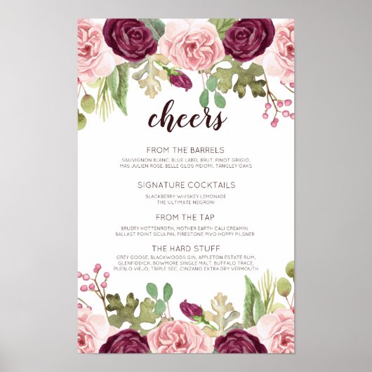 Poster Menu de la barre de Mariage de fleurs romantiques (Devant)