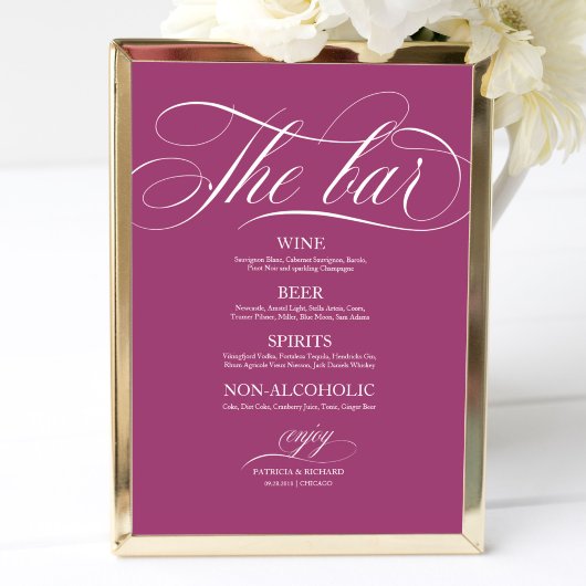 Poster Menu de la barre de mariage Signer Châssis rose ch