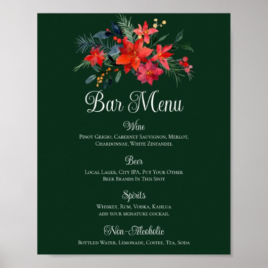 Poster Menu de la barre de Mariage verte de Noël Poinsett (Devant)
