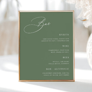 Poster Menu de la barre de Mariage verte Sage Simple