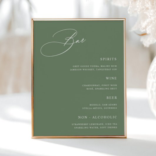 Poster Menu de la barre de Mariage verte Sage Simple