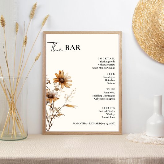 Poster Menu de la barre des boissons pour Mariage Fleur s