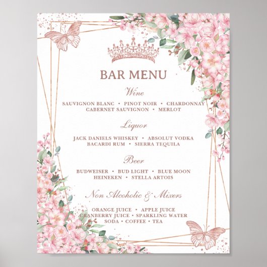 Poster Menu de la barre des papillons Gold Rose de fleurs (Devant)