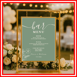 Poster Menu de la barre Mariage Fleur sauvage Sage Green