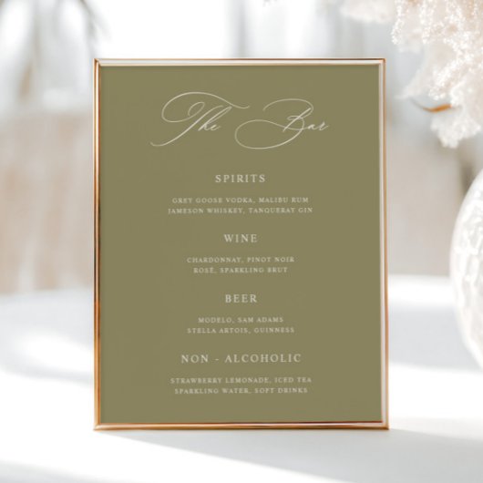 Poster Menu de la barre Mariage verte Matcha classique