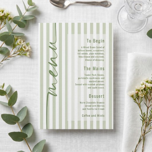 Poster Menu de mariage à rayures vertes calligraphiées