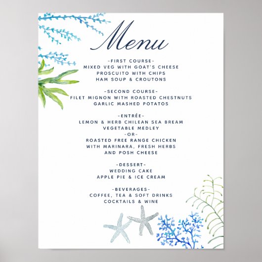 Poster Menu de mariage de plage aux algues à l'aquarelle (Devant)