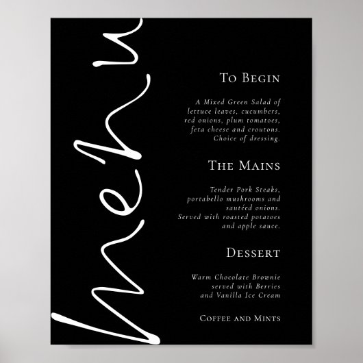 Poster Menu de mariage élégant écriture simple noir (Devant)