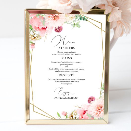Poster Menu de mariage floral géométrique rose élégant