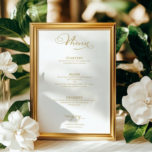 Poster Menu de Mariage Simple Élégant Feuille d'Or