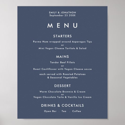 Poster Menu de mariage simple texte bleu marine poussiére (Devant)
