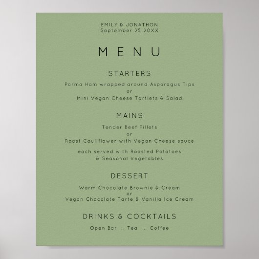 Poster Menu de mariage simple vert sauge (Devant)