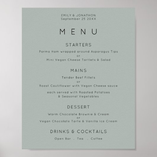 Poster Menu de mariage simple vert sauge argenté (Devant)