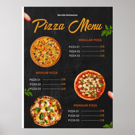 Poster Menu de pizza éditable Pizzaria Menu de restaurant (Devant)