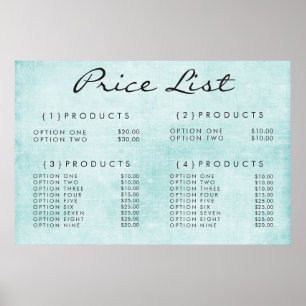 Poster Menu de prix du service de mur sarcelle imprimé su