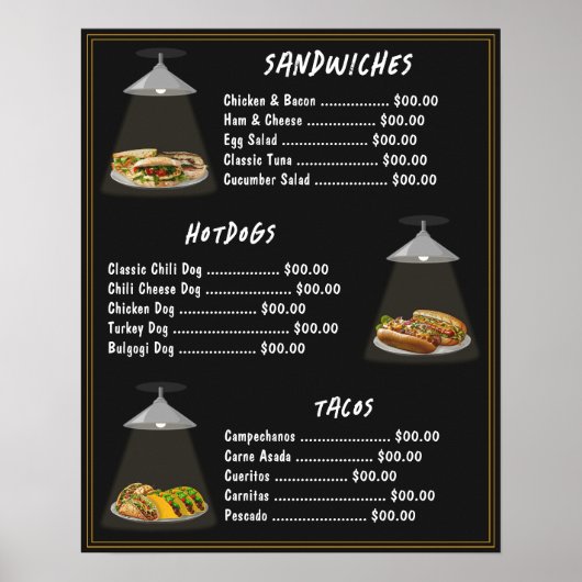 Poster Menu de restauration rapide Sandwichs | Hotdogs |  (Devant)