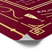 Poster Menu de soirée mariage Art déco, or, bordeaux, bar (Coin)