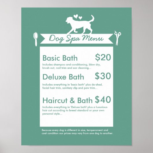 Poster Menu de Spa de Toilettage pour Chiens - Personnali (Devant)