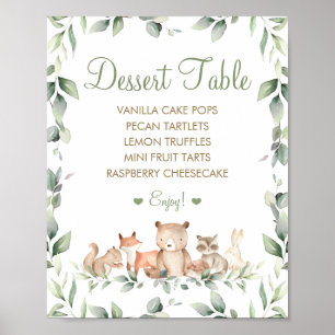 Poster Menu de table de dessert chic Animaux de la forêt 