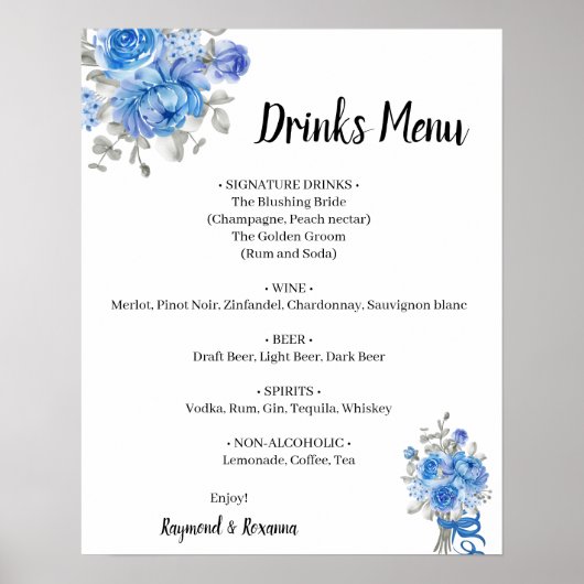 Poster Menu des boissons aux fleurs bleues pour mariage (Devant)