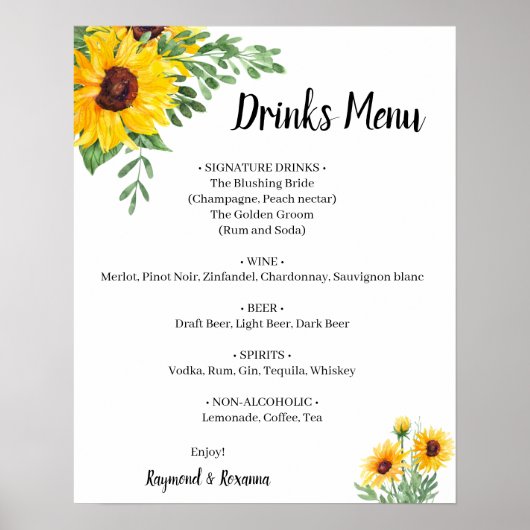 Poster Menu des boissons avec feuillage de tournesols pou (Devant)