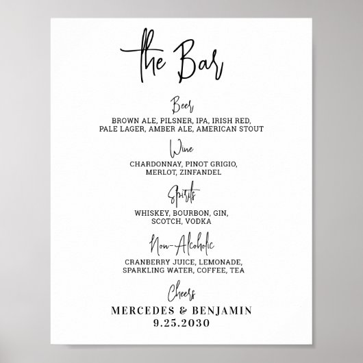 Poster Menu des boissons de bar de mariage Calligraphie p (Devant)
