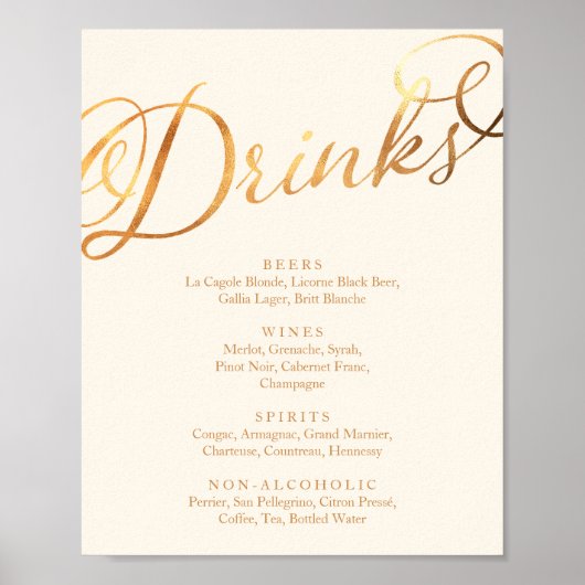 Poster Menu des boissons de mariage à la calligraphie en (Devant)