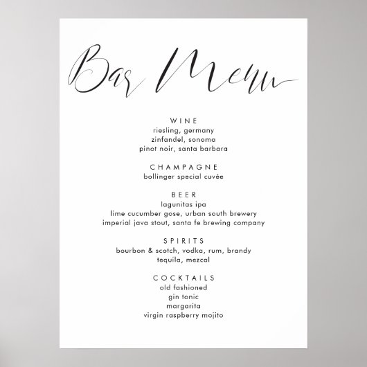 Poster Menu des boissons de mariage en écriture calligrap (Devant)