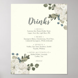Poster Menu des boissons de mariage en fleurs d'hiver   P
