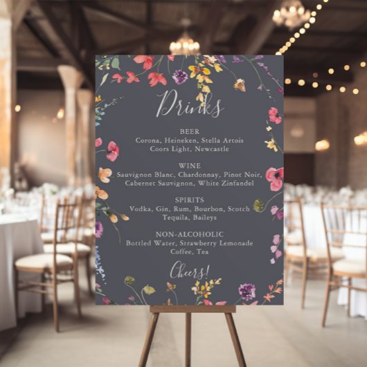 Poster Menu des boissons de mariage floral sauvage bleu c