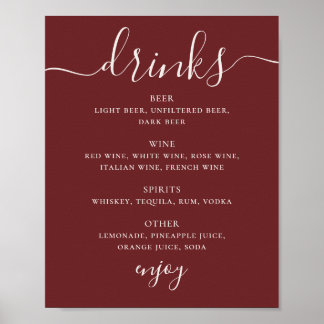 Poster Menu des Boissons de Mariage Rouge Vin Profond. Pa