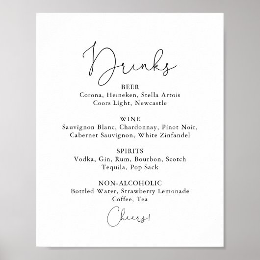 Poster Menu des boissons de mariage simple panneau de cal (Devant)