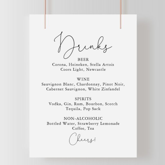Poster Menu des boissons de mariage simple panneau de cal