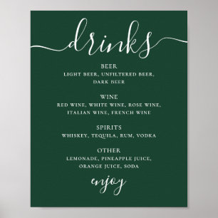 Poster Menu des Boissons de Mariage Vert Forêt Sombre P