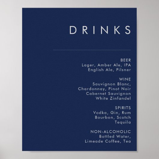 Poster Menu des boissons Mariage bleu marine moderne (Devant)