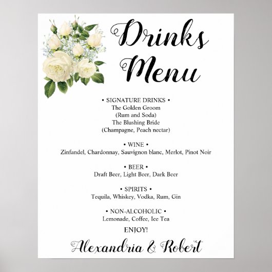 Poster Menu des boissons | Panneau de mariage (Devant)