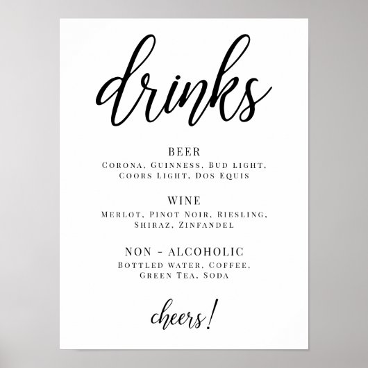 Poster Menu des boissons pour soirée noir et blanc (Devant)